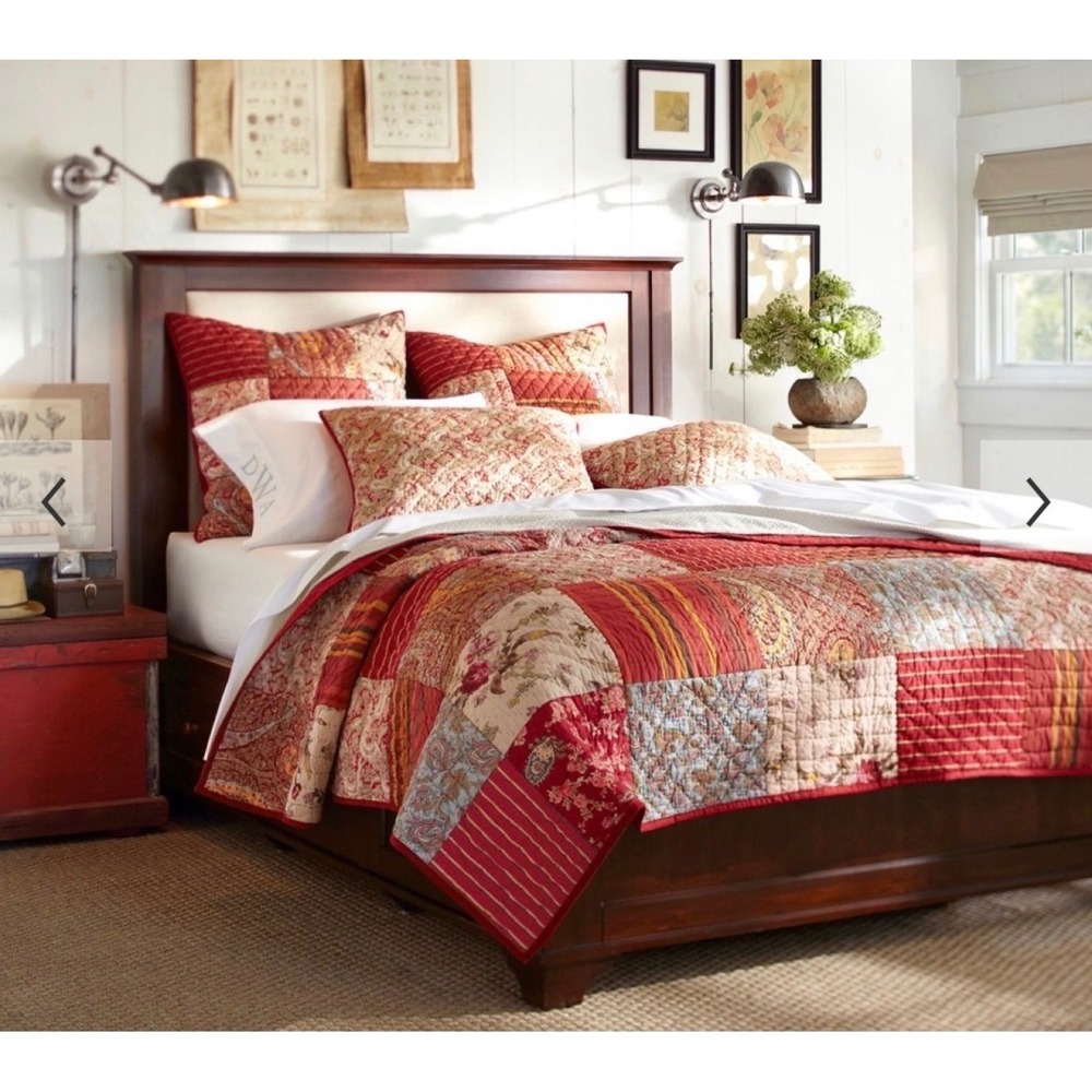 Pottery Barn Georgia King Patchwork Quilt Red Floral Paisley + 2 Shams Euro
